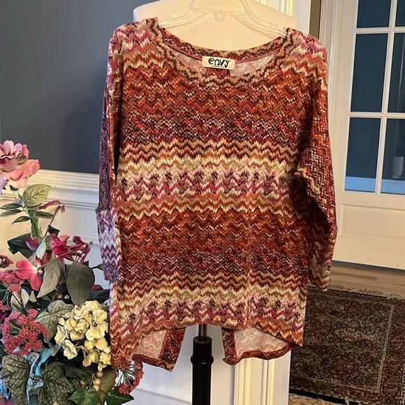 Envy Sweater Button Slit Back Womens Large Burgundy Tan Lightweight - Picture 7 of 12